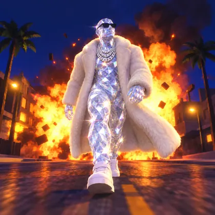 Aurum walks away from an explosion in a white fur coat